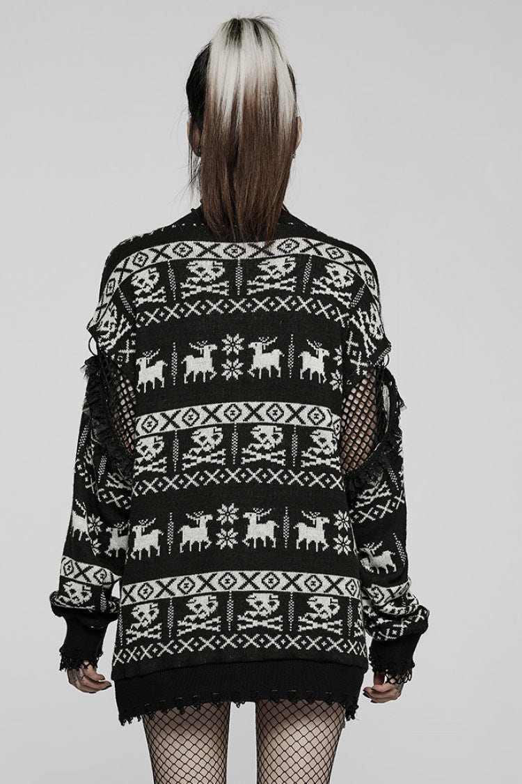 Black/White Stand Collar Long Sleeves Skull Deer Print Grunge Women's Gothic Loose Sweater - Product - 3