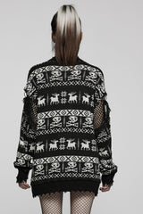 Black/White Stand Collar Long Sleeves Skull Deer Print Grunge Women's Gothic Loose Sweater - Product - 3