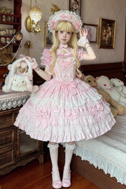 Vista frontale rosa super carina Belia senza maniche a triplo strato con volant e fiocco in pizzo dolce ed elegante (solo abito).