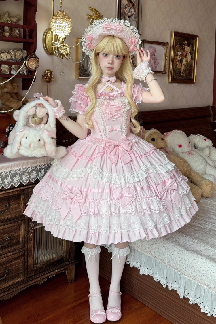 Pink [Super Cute Belia] Sleeveless Triple-Layered Ruffle Bowknot Lace Sweet Elegant Lolita Jsk Dress - Pink - 1
