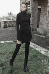 Black Cashmere Knitting Cross Fold Tie Rope Design High Collar Pleated Fit Women's Punk Dress - Product - 4