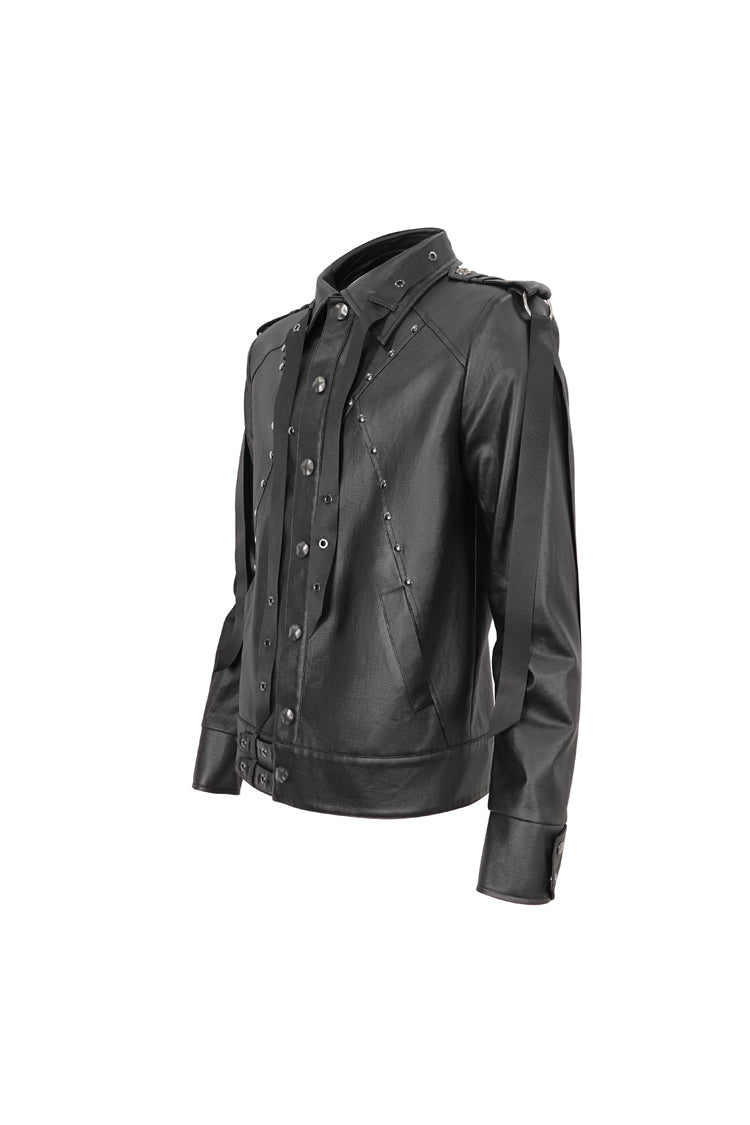 Black Lapel Collar Studded Strap Dashing Men's Punk Jacket - Product - 8