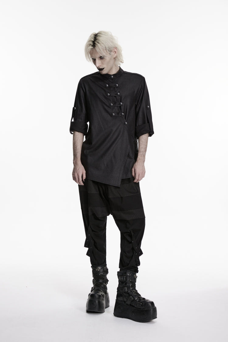 Black Stand Collar Long Sleeves Asymmetric Men's Punk Shirt - Product - 7