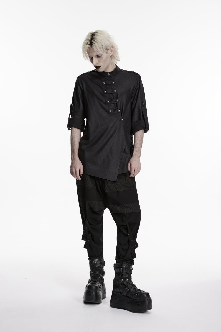 Black Stand Collar Long Sleeves Asymmetric Men's Punk Shirt - Product - 7