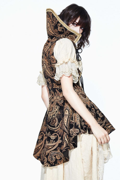 Brown Paisley Print Jacquard Bare Breast Lace Up Gothic Corset - Product - 3
