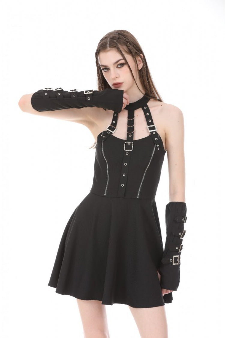 Black Buckled Zippered Women's Punk Halterneck Dress - Product - 6