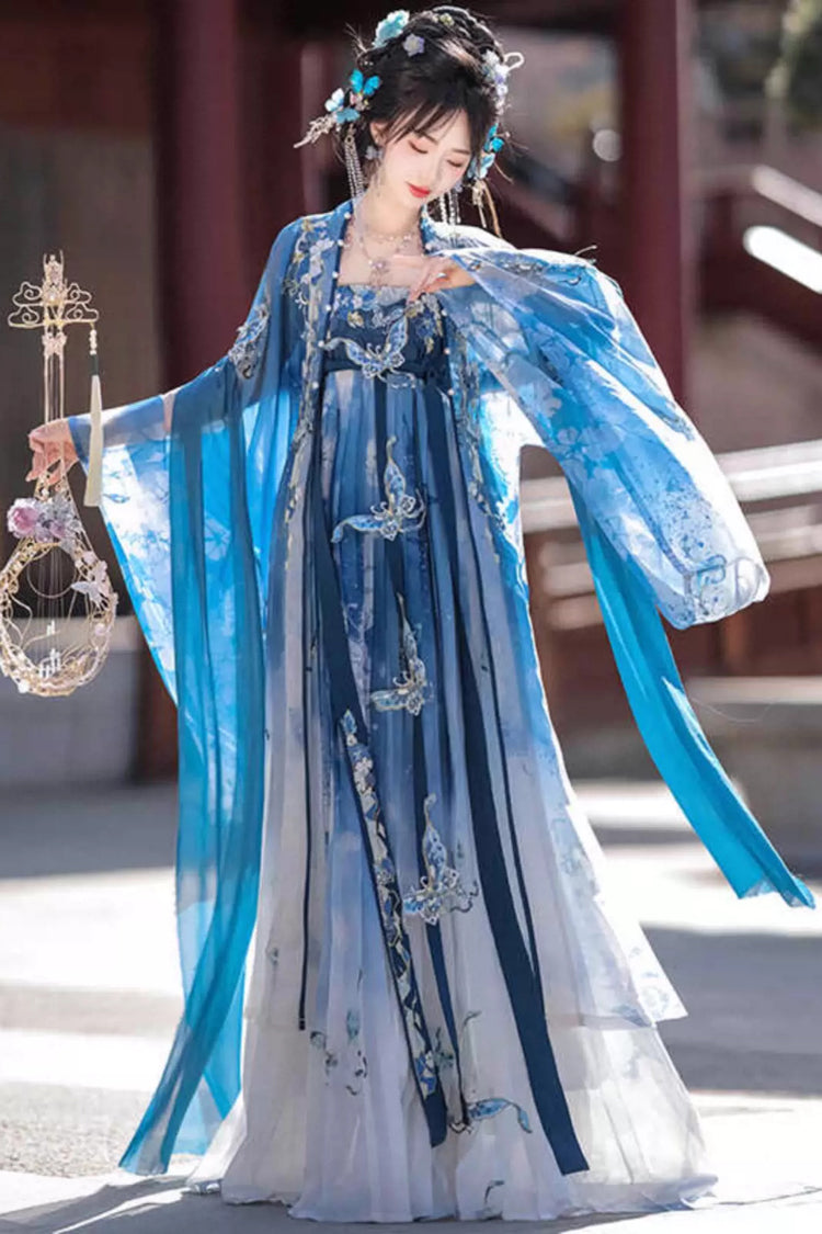Blue Print Embroidery Women's Gorgeous Hanfu Dress Full Set - Product - 3
