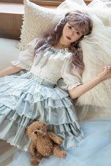 White/Blue Flower Language Multi-layer Ruffle Sweet Lolita Skirt Set - Product - 9