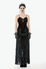 Black Multi-Layered Ruffled Velvet Spliced Lace Lace-Up Women's Gothic Long Skirt - Black - 1