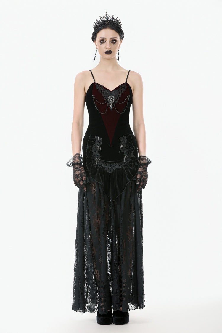 Black Multi-Layered Ruffled Velvet Spliced Lace Lace-Up Women's Gothic Long Skirt - Black - 1