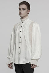 White Stand Collar Long Puff Sleeves Jacquard Ruffle Embroidery Men's Gothic Blouse - Product - 2