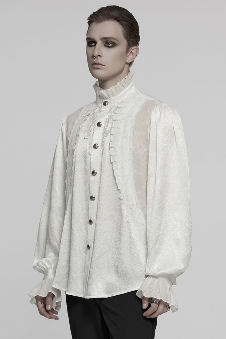 White Stand Collar Long Puff Sleeves Jacquard Ruffle Embroidery Men's Gothic Blouse - Product - 2