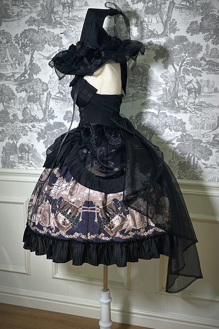 Black [The Mystery of The Doll] Halterneck Print Ruffle Bowknot Drawstring Gothic Lolita Dress - Product - 16