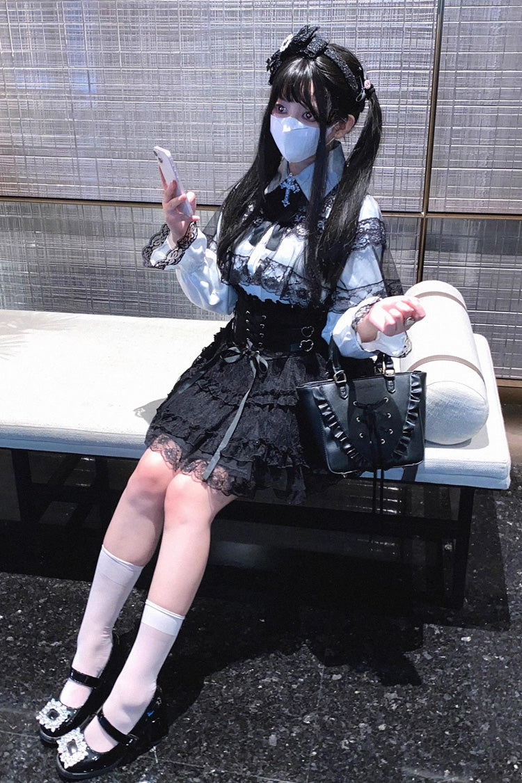 [Rose Palpitations] High Waisted Ruffle Lace Sweet Jirai Kei Skirt 4 Colors - Black - 12