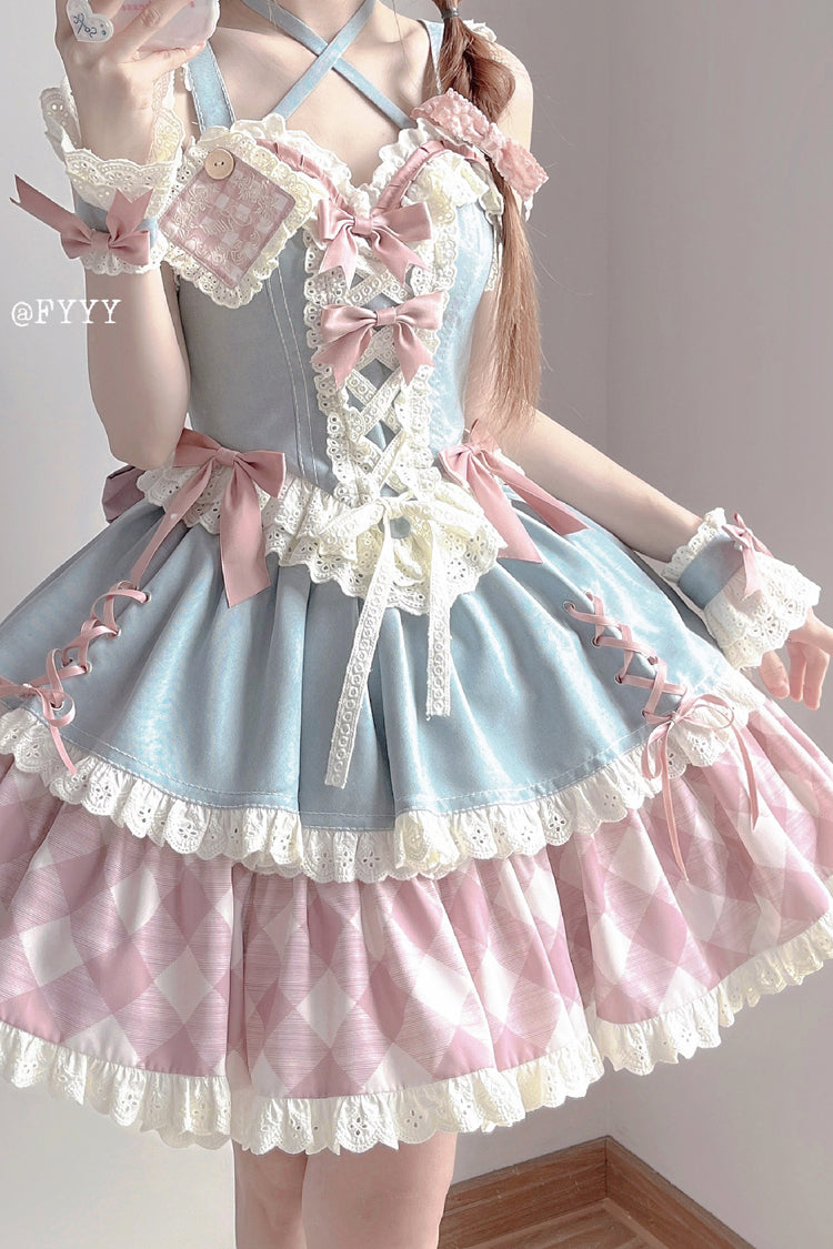 Blue/Pink [Sweetheart Cowboy] Plaid Print Ruffle Bowknot Sweet Lolita Skirt Set - Product - 5