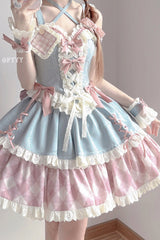 Blue/Pink [Sweetheart Cowboy] Plaid Print Ruffle Bowknot Sweet Lolita Skirt Set - Product - 5