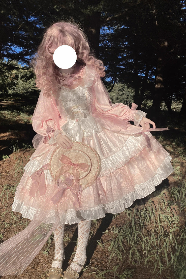 Pink Hanayome Long Sleeves Bowknot Multi-Layer Ruffled Sweet Lolita OP Tiered Dress - Product - 8