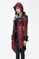 Punk Black And Red Applique Womens Hooded Leather Long Coats - Product - 3