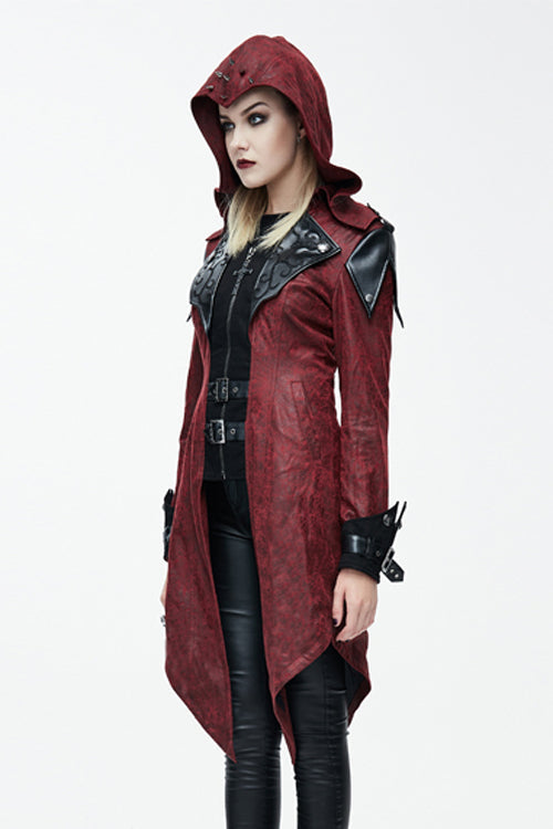 Punk Black And Red Applique Womens Hooded Leather Long Coats - Product - 3