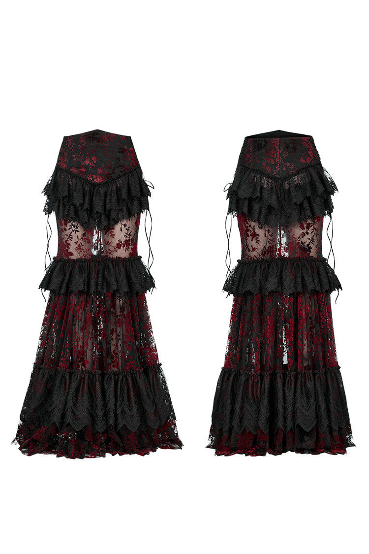 Black/Red Layered Ruffle Hollow Lace Women's Gothic Skirt - Product - 5