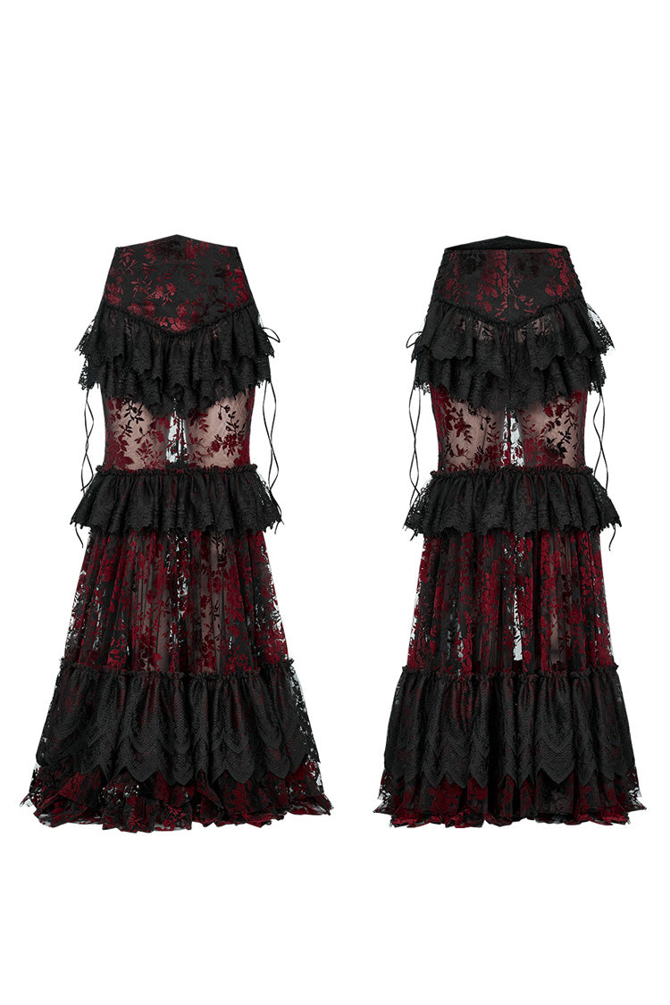 Black/Red Layered Ruffle Hollow Lace Women's Gothic Skirt - Product - 5