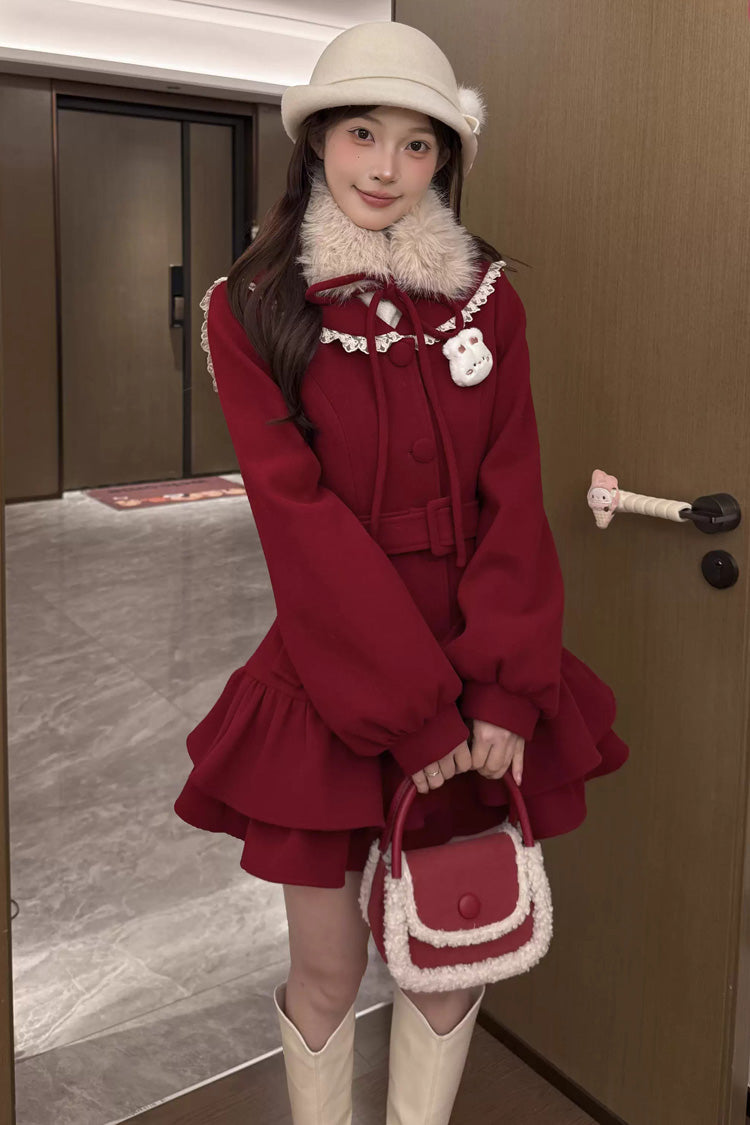 Red [Berry Champagne] Doll Collar Long Sleeves Double-Layered Ruffled Sweet Princess Lolita Wool-blend Coat - Product - 4