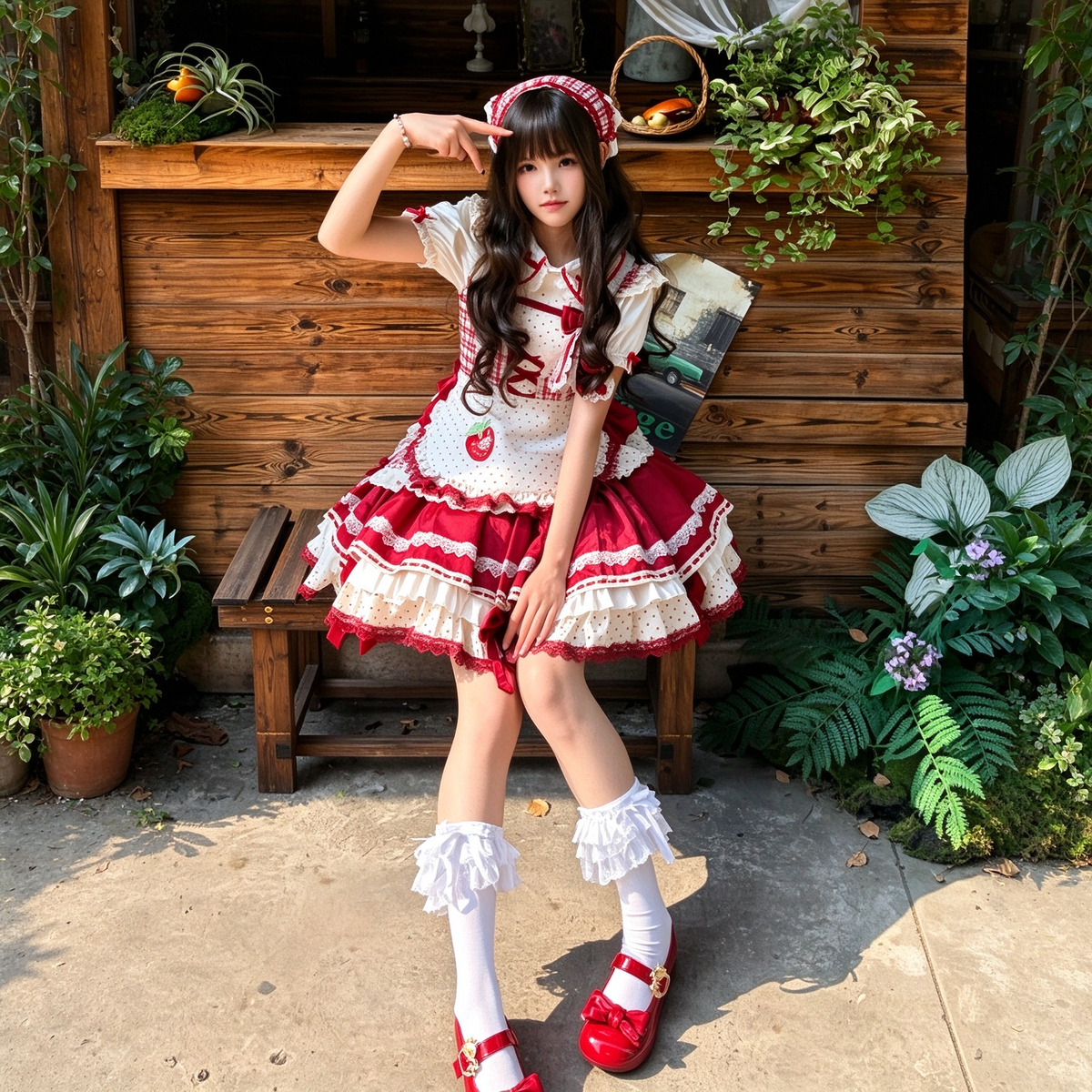 Burgundy and Cream Strawberry Plaid Ruffled Sweet Lolita Dress with Apron Bow Accent - view 3