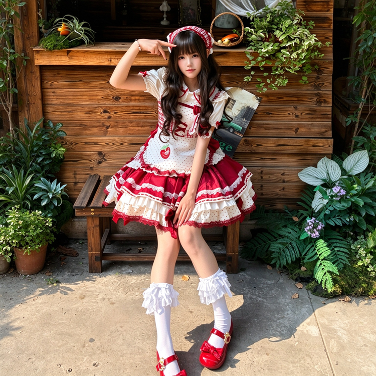 Burgundy and Cream Strawberry Plaid Ruffled Sweet Lolita Dress with Apron Bow Accent - view 3