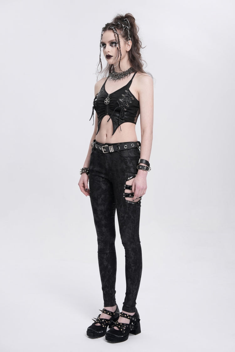 Black Sleeveless Stitching Irregular Mesh Women's Punk Tank Top - Product - 10