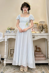 Blue Square Collar Short Sleeves Jacquard Ruffled Lace Sweet Elegant Lolita Dress - Product - 6