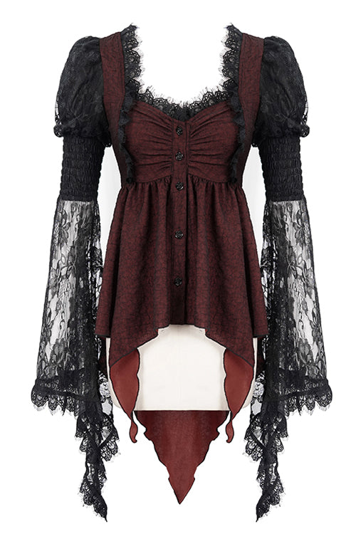 Black With Red Lace Trumpet Sleeves Womens Gothic Lolita Blouse - Product - 3