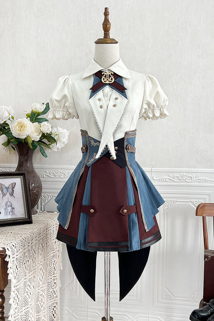 [Fairy Town Train Conductor] British Academy Short Sleeves Embroidery Punk Handsome Lolita Skirt Set - White/Blue/Brown - 1