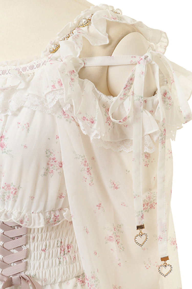 Ivory Off Shoulder Long Sleeves Floral Print Ruffle Bowknot Lace-Up Sweet Jirai Kei Japanese Skirt Set - Product - 6