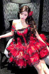 Red [Love Poems of the Heart] Sleeveless Triple-Layered Ruffled Lace Lace-Up Sweet Lolita Jsk Dress - Product - 16