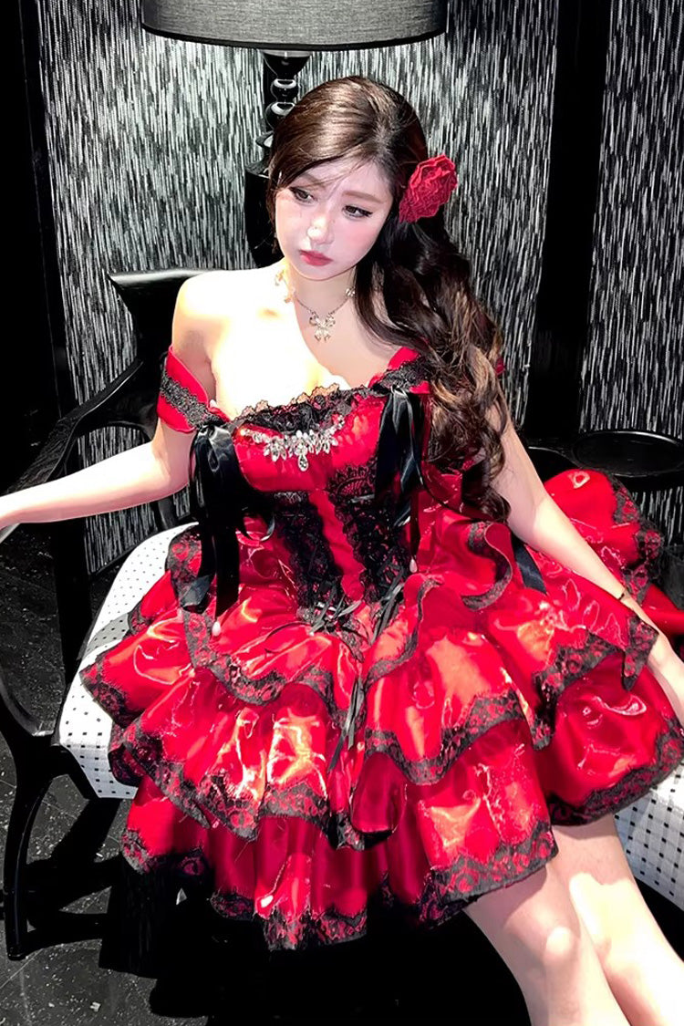 Red [Love Poems of the Heart] Sleeveless Triple-Layered Ruffled Lace Lace-Up Sweet Lolita Jsk Dress - Product - 16