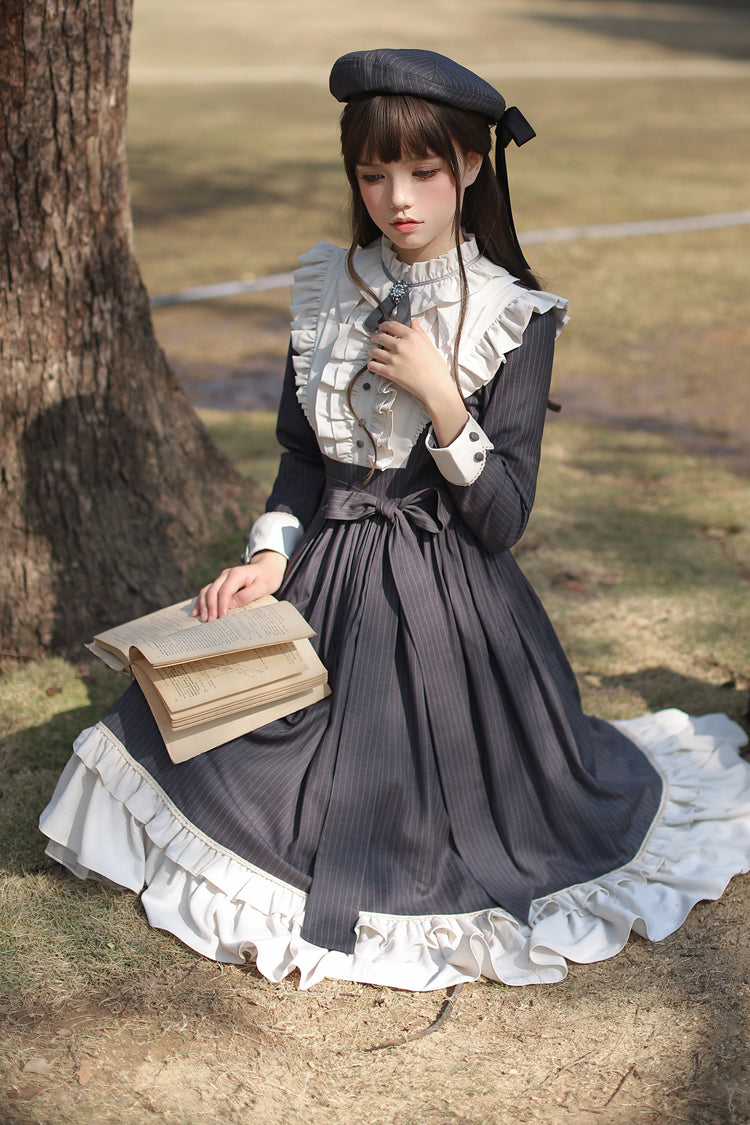 Dark Blue [Berlin Evening News] Long Sleeves Striped Print Ruffle Bowknot British College Style Elegant Sweet Lolita Dress - Product - 9