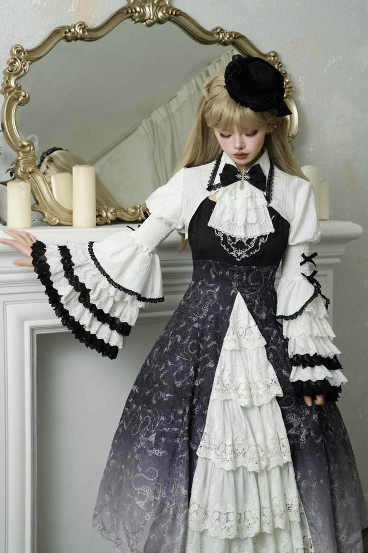 Black/White Print Bone Magic Ruffle Cardigan Lace Classic Gothic Princess Lolita Jsk Dress - Product - 2