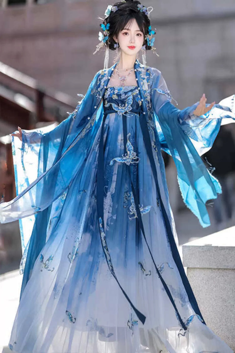 Blue Print Embroidery Women's Gorgeous Hanfu Dress Full Set - Product - 2