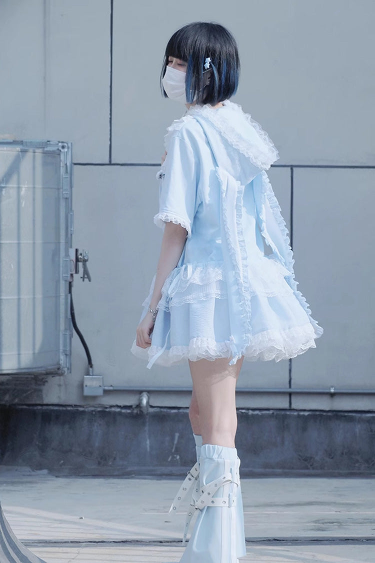 Blue Rabbit Ears Hooded Bowknot Lace Sweet Lolita Coat Set - Product - 9