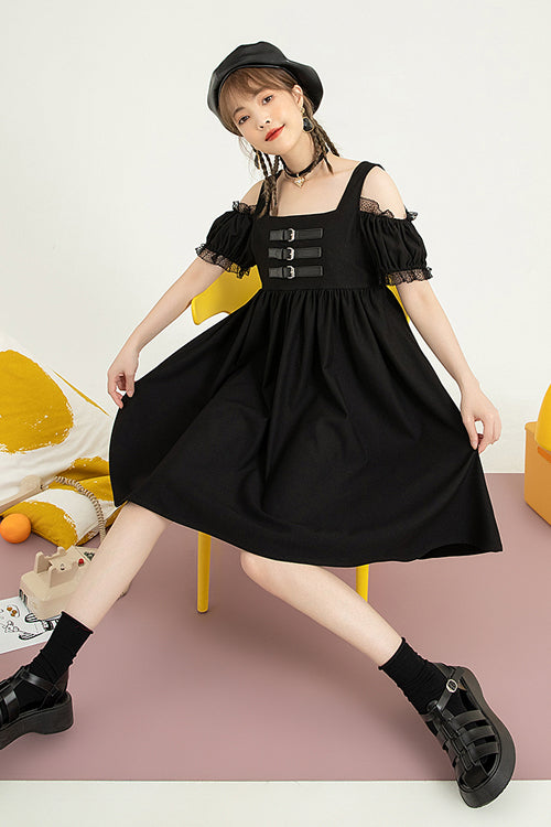 Black Puff Short Sleeve High Waisted Two Ways To Wear Before And After Sweet Lolita Dress - Product - 4