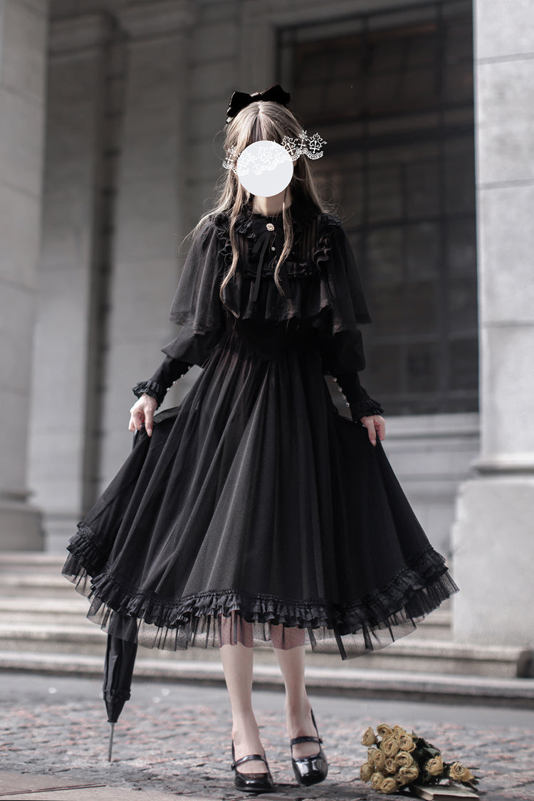 Black [Enchanted Nightdream] Long Sleeves Bowknot Lace Gothic Elegant Lolita Dress - Black - 1