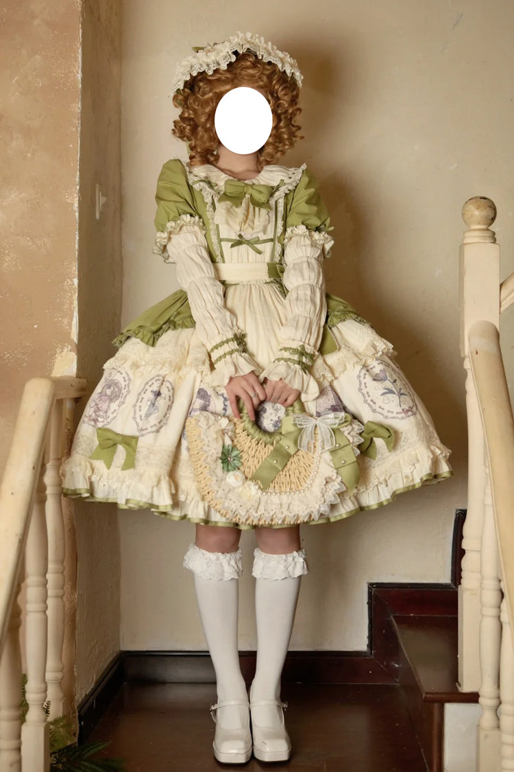 Green [Little Ida's Flowers] Short Sleeves Print Ruffle Bowknot Sweet Lolita Dress - Product - 4