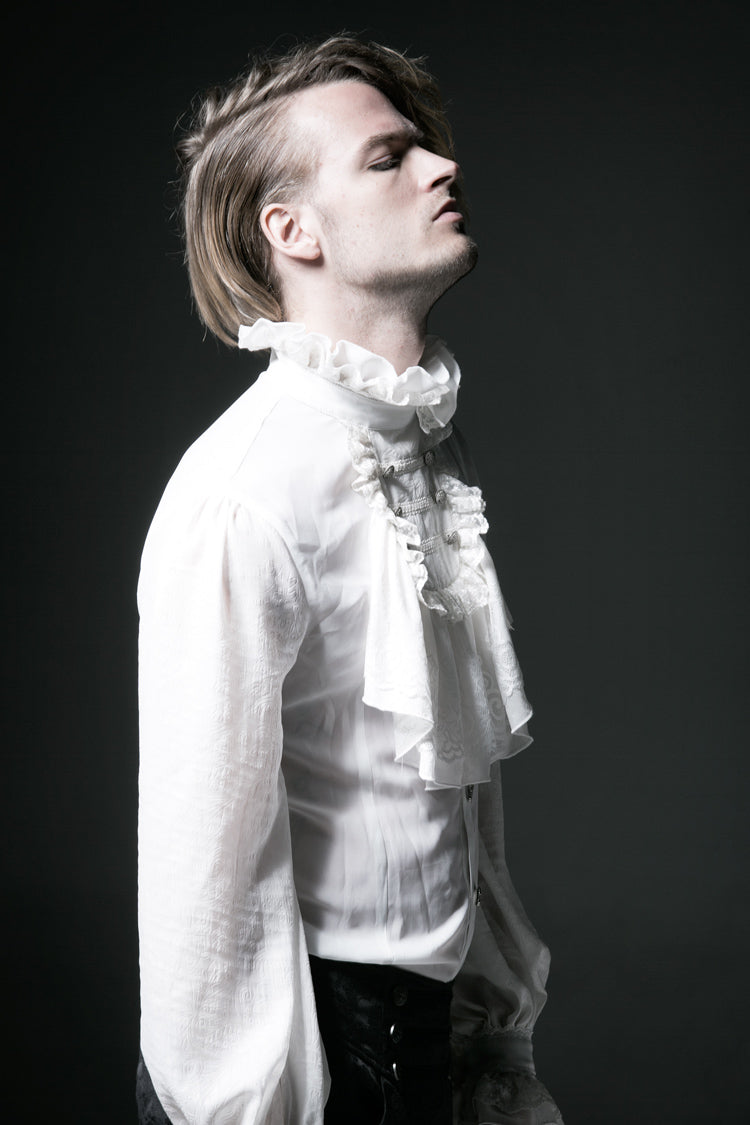 White Stand Collar Retro Button Long Lantern Sleeves Mens Gothic Blouse - Product - 5