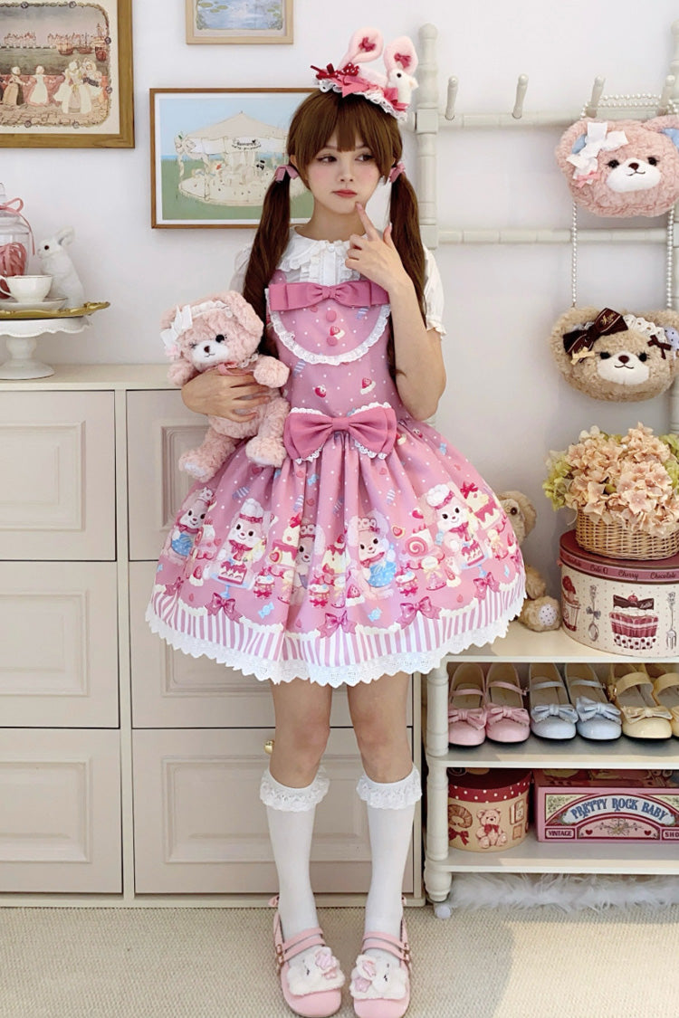 Pink [Cupid Bunny] Printed Sleeveless Bow Sweet Princess Lolita Strap Dress - Product - 2