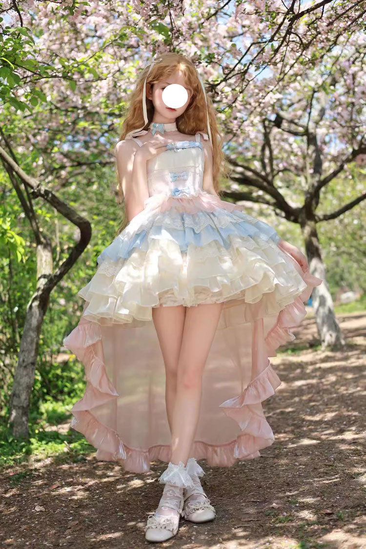 Blue/Pink/Apricot Multi-layer Ruffle Bowknot Sweet Princess Lolita Tiered Dress - Blue/Pink/Apricot - 1