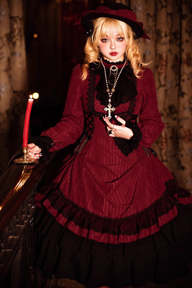 Point Manor Solid Color Stand Collar Long Sleeves Multi-layer Ruffle Gothic Lolita Dress 5 Colors - Product - 5