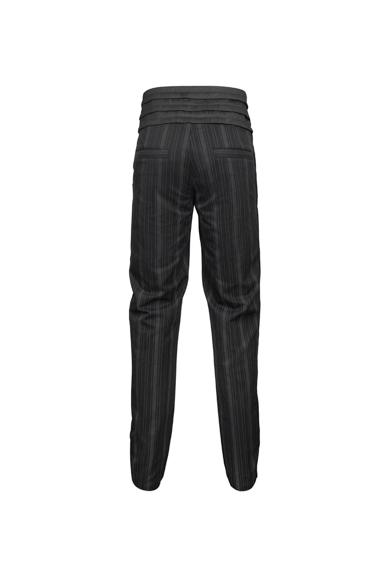 Black Retro Mid High Waist Micro Elastic Striped Woven Stitching Three Dimensional Jacquard Men's Gothic Trousers - Product - 7
