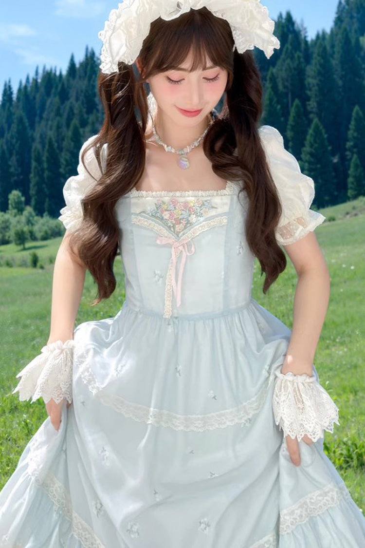Blue Short Sleeves Embroidery Bowknot Lace Sweet Princess Lolita Dress - Product - 7