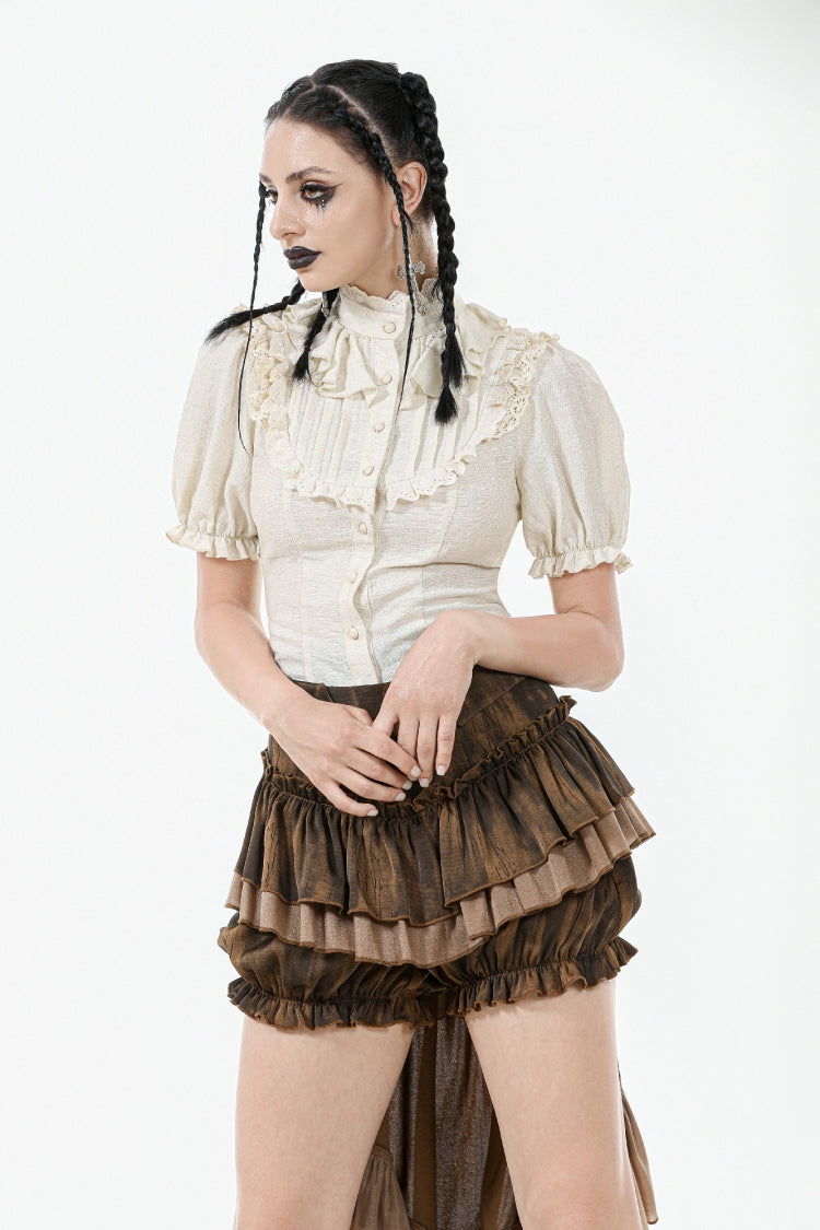 White Victorian Vintage Stand Collar Ruffled Short Puff Sleeves Classic Lolita Blouse - Product - 5