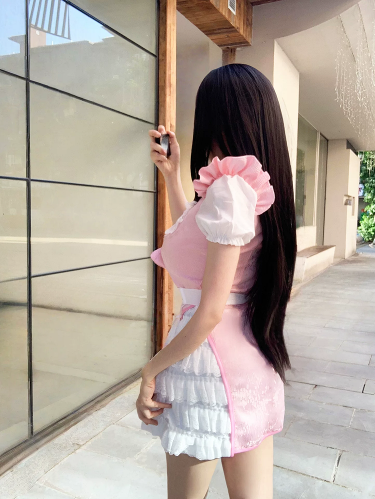 Pink and White Heart Cutout Maid Lolita Dress with Apron Accent - view 7